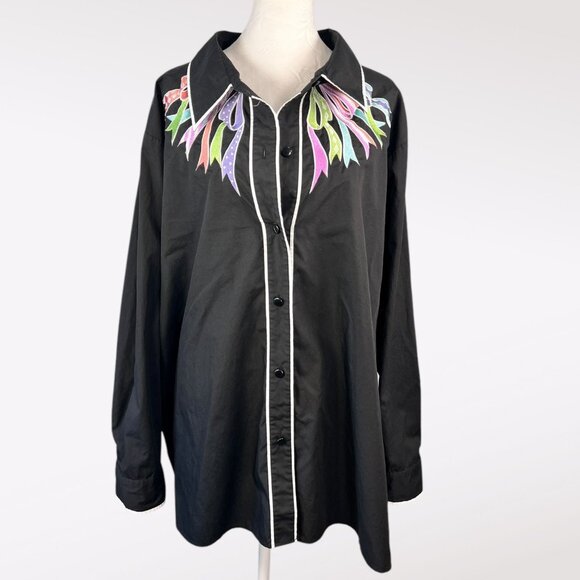 Bob Mackie Wearable Art Embroidered Front Button Up Shirt Black Plus Size 3X - Picture 1 of 11